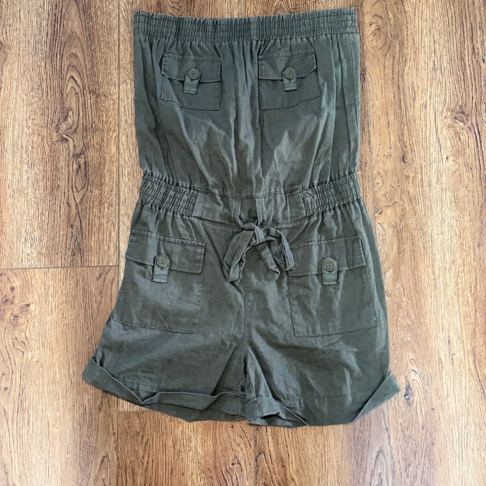Chesley Olive Green 100% Linen Strapless Utility Romper Womens L Tie Waist Boho